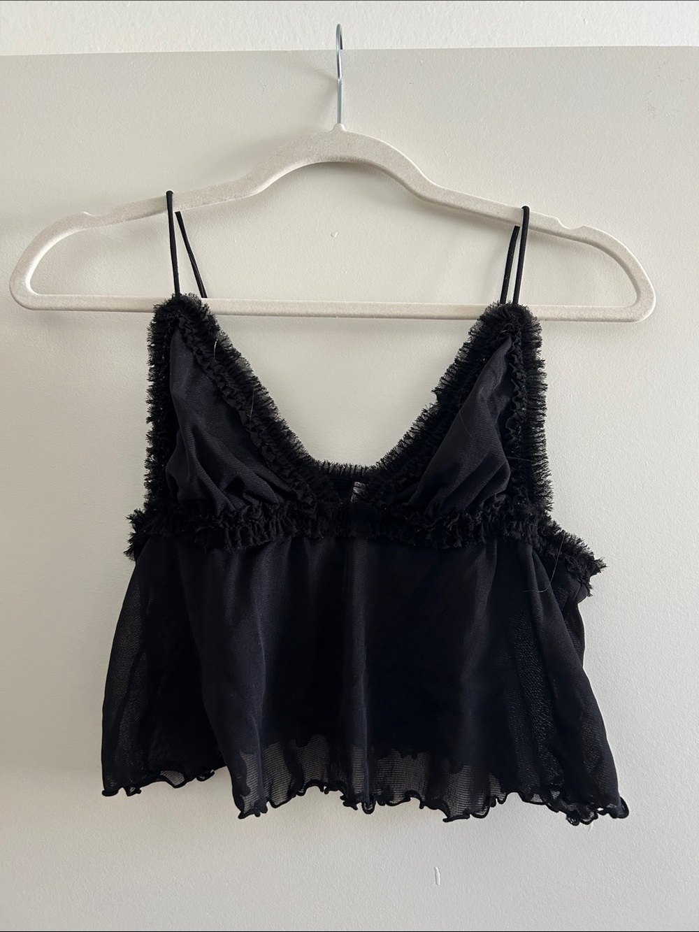 Free People Black Sheer Fringe Trim Cropped Tank Top
